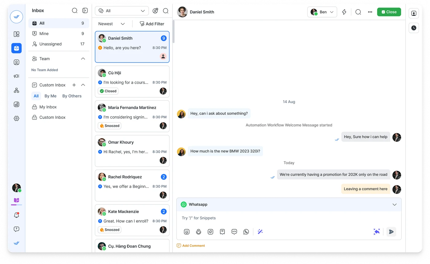 Bandeja de respond.io con conversaciones de WhatsApp